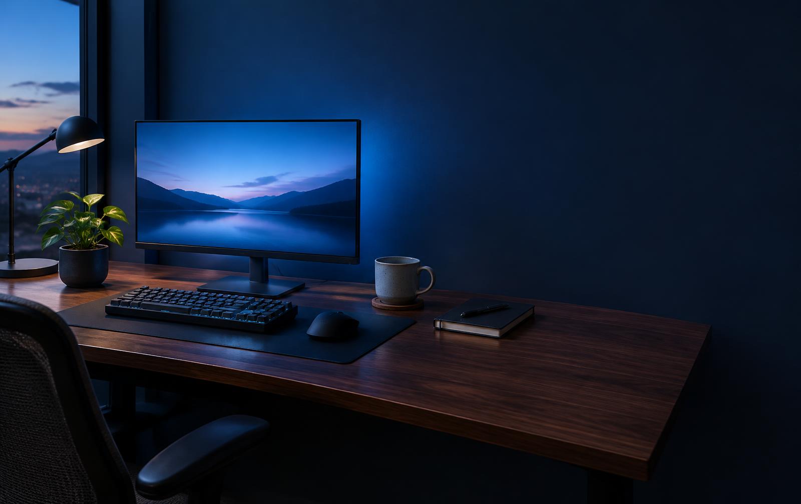 Tidy desk setup in the evening